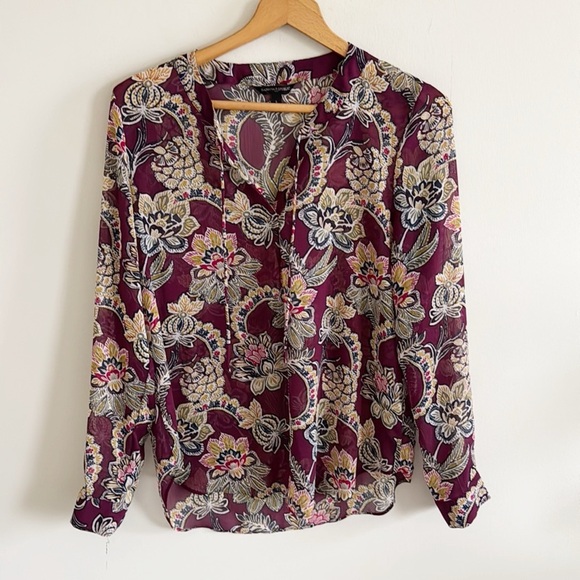 Banana republic burgundy floral lightweight long sleeve office top size small - Picture 1 of 5